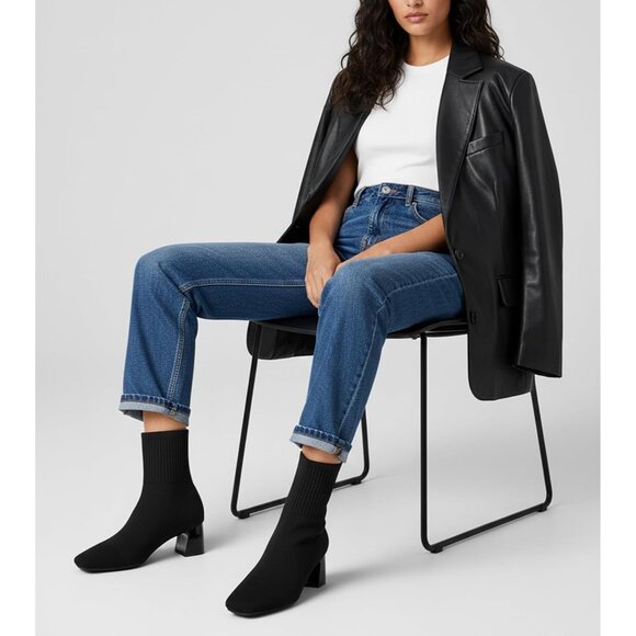 Women's Black Dressy Comfy Knit Sock Square Toe Chunky Heel Slip On Booties - Picture 2 of 6